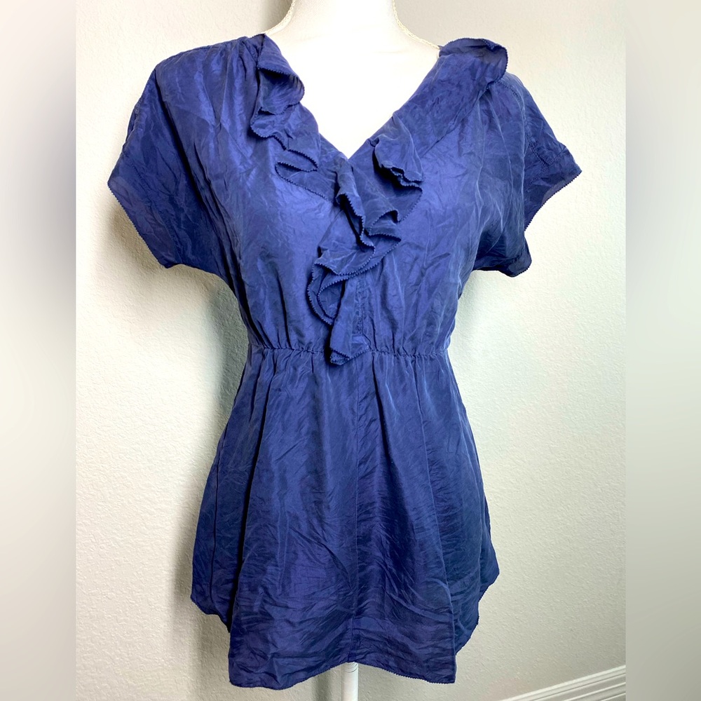 ANTHROPOLOGIE 100% Silk Blouse Crinkle Ruffles V Neck Short Sleeve Peplum Indigo